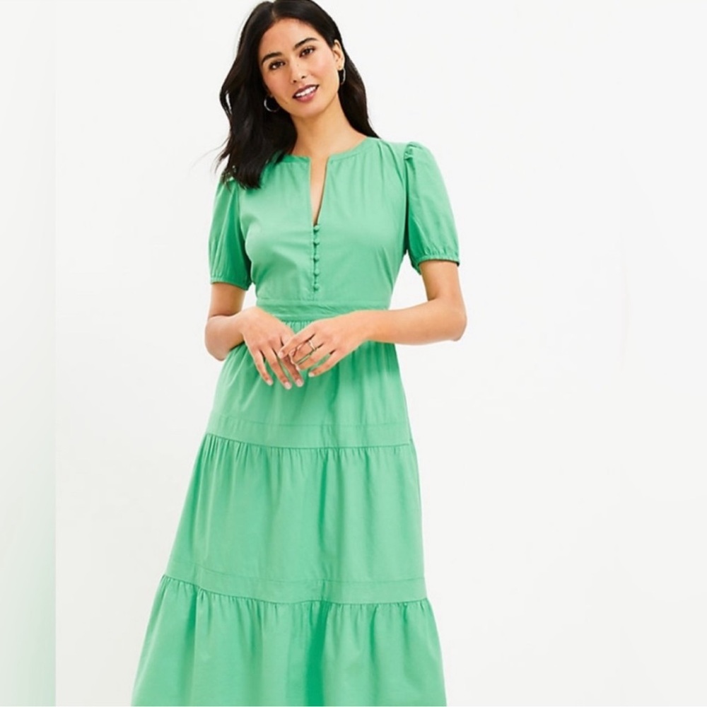 loft spring 2023 Kelly green tiered puff Sleeve midi dress size 14